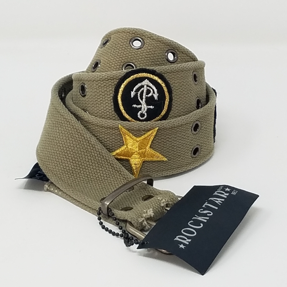 Rockstar M handmade 1960's military belts material studs patches grungecore